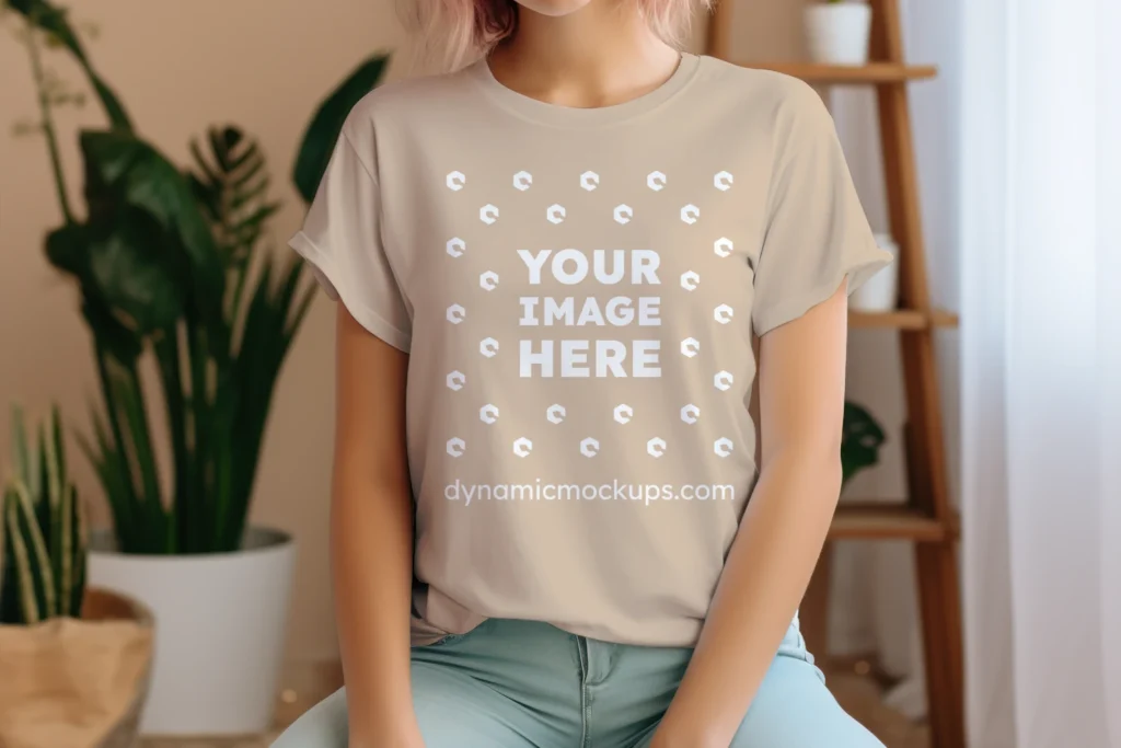 Woman Wearing Beige T-shirt Mockup Front View Template