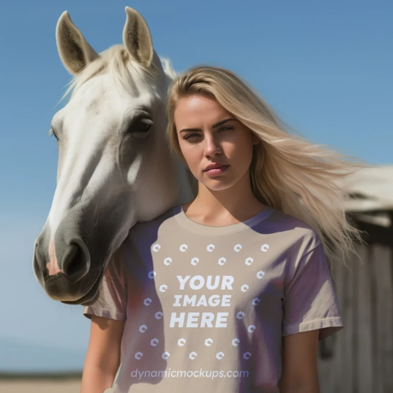 Woman Wearing Beige T-shirt Mockup Front View Template