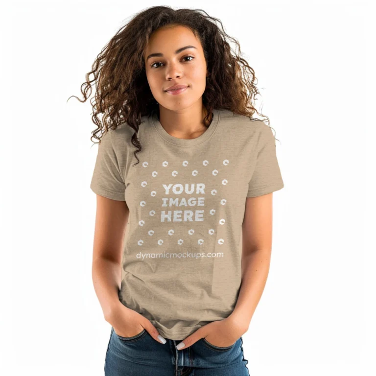 Woman Wearing Beige T-shirt Mockup Front View Template