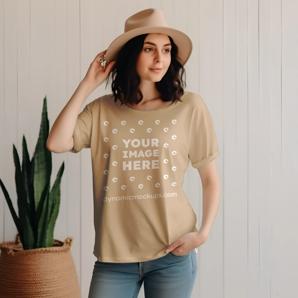 Woman Wearing Beige T-shirt Mockup Front View Template