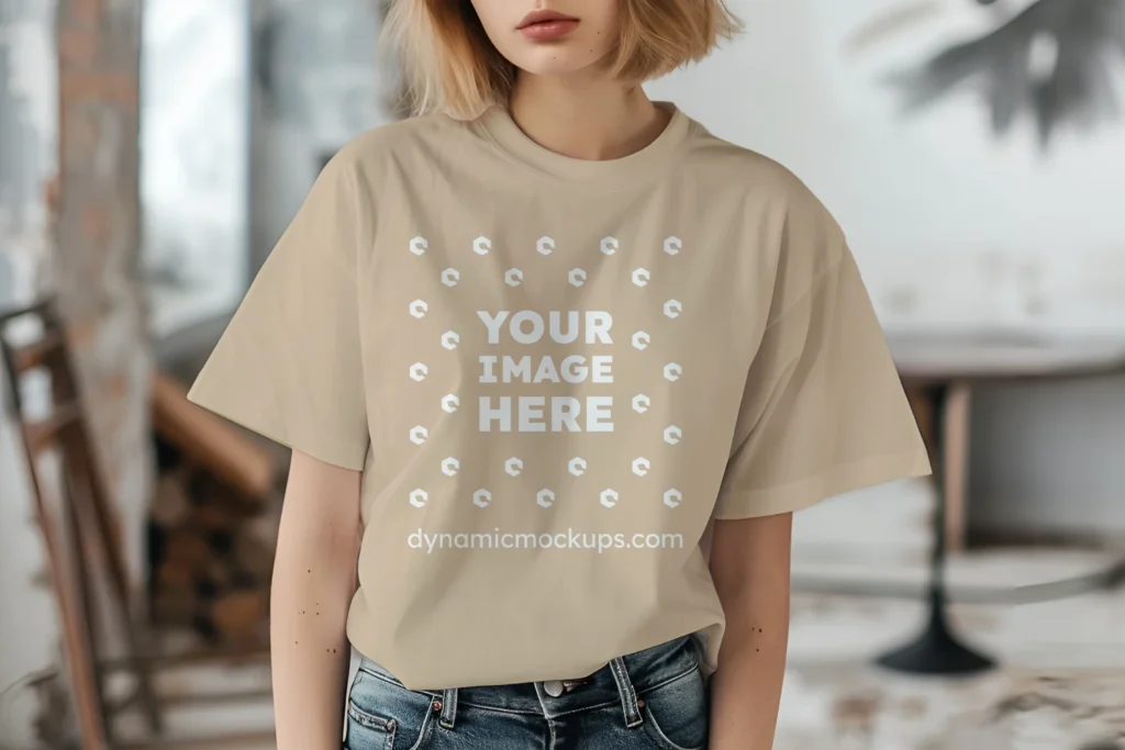 Woman Wearing Beige T-shirt Mockup Front View Template