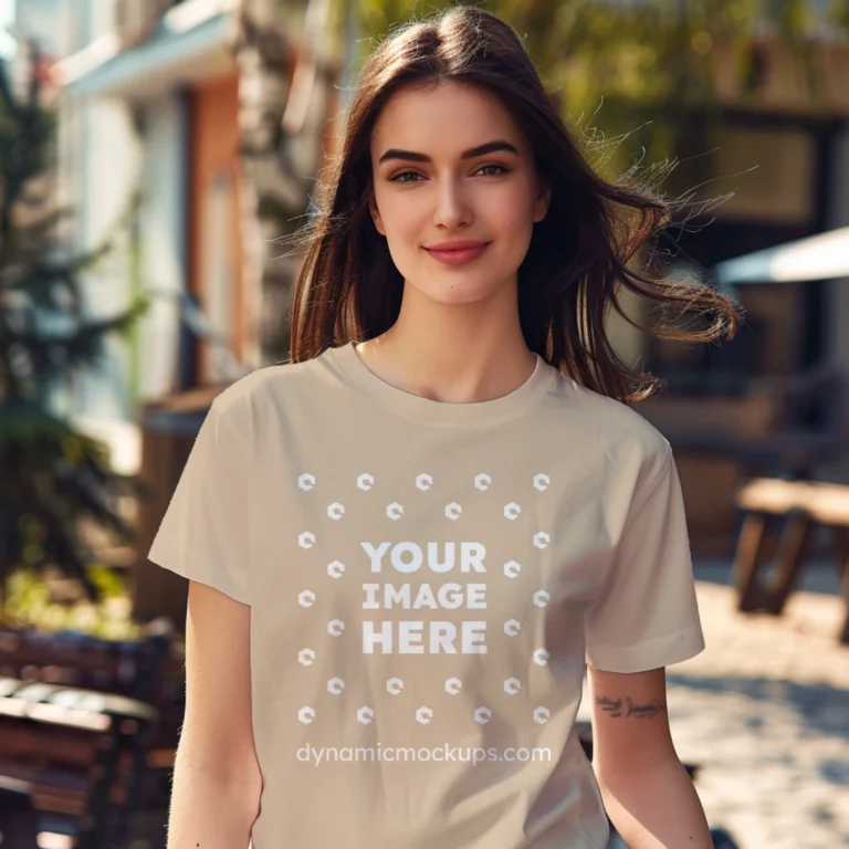 Woman Wearing Beige T-shirt Mockup Front View Template