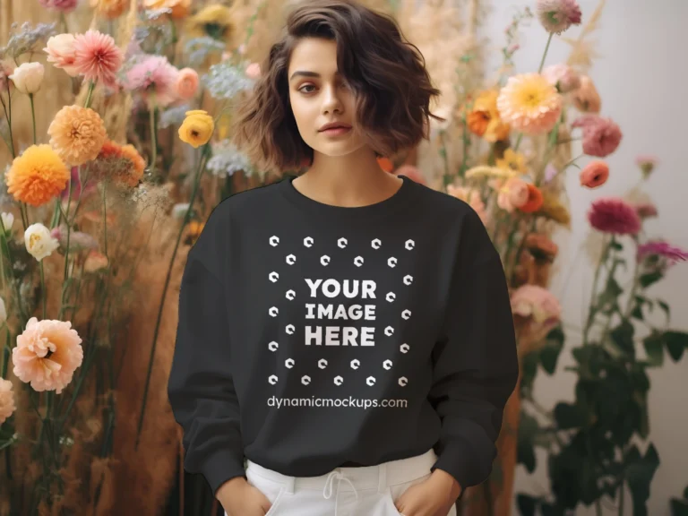 Woman Wearing Black Sweatshirt Mockup Front View Template