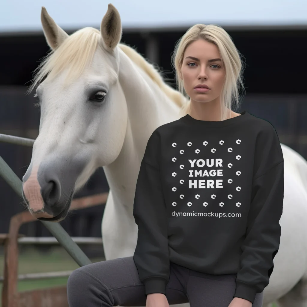 Woman Wearing Black Sweatshirt Mockup Front View Template