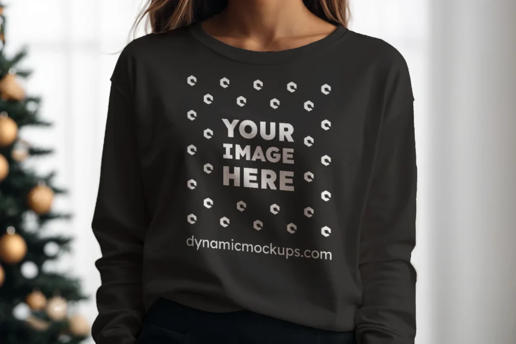 Woman Wearing Black Sweatshirt Mockup Front View Template