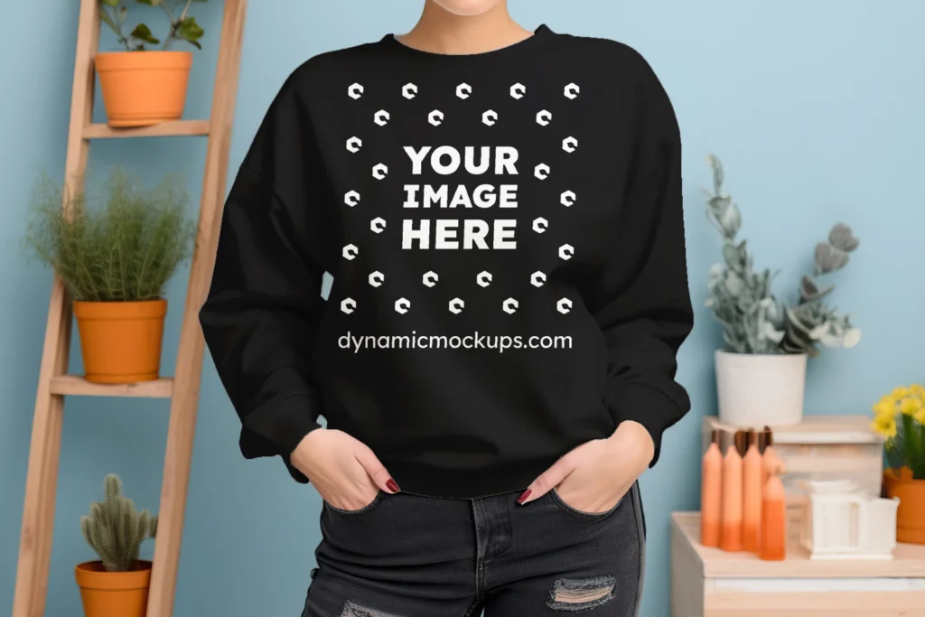 Woman Wearing Black Sweatshirt Mockup Front View Template