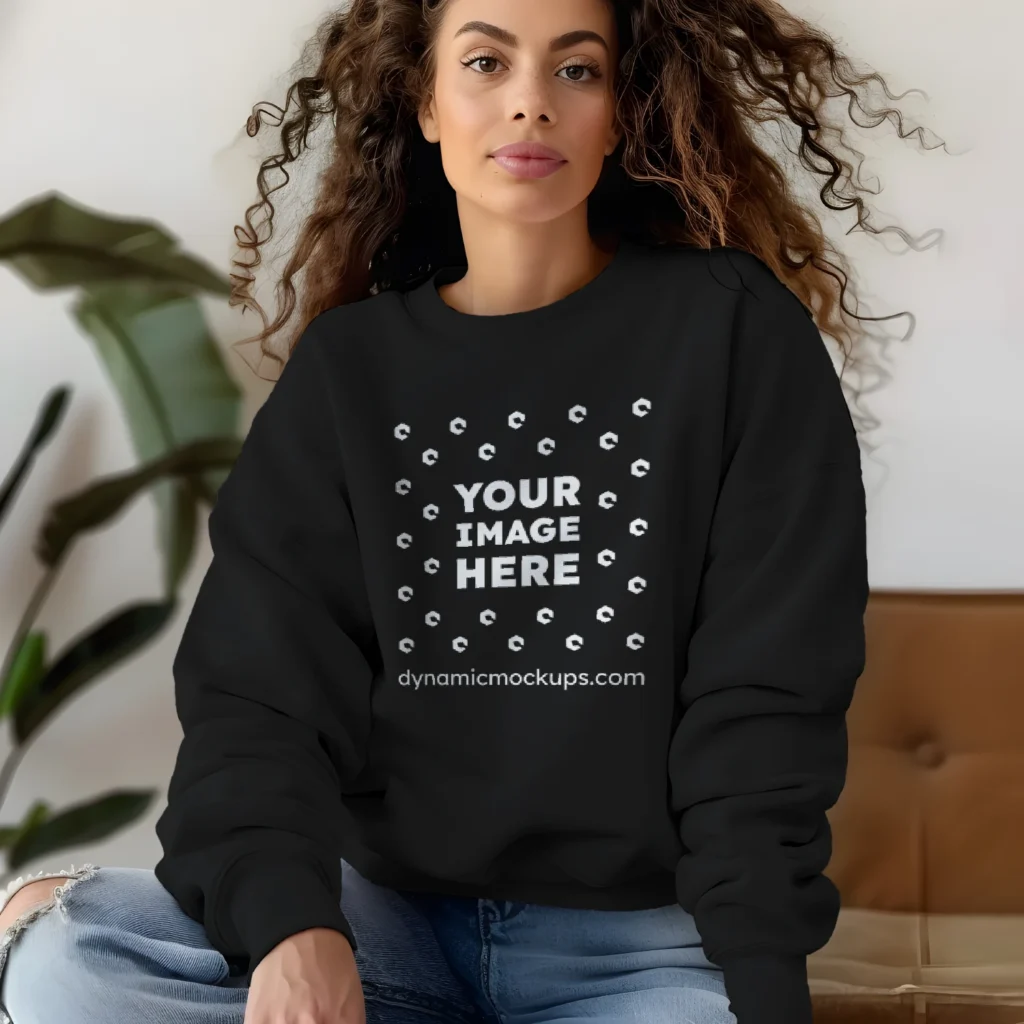 Woman Wearing Black Sweatshirt Mockup Front View Template