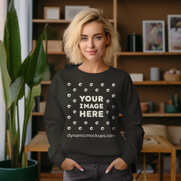 Woman Wearing Black Sweatshirt Mockup Front View Template