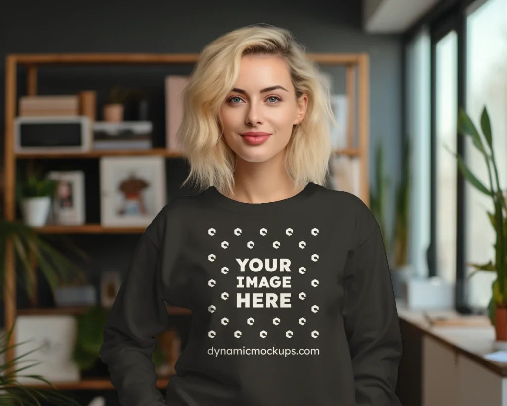 Woman Wearing Black Sweatshirt Mockup Front View Template