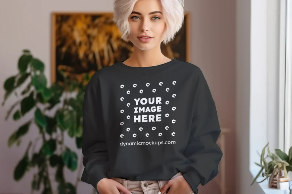 Woman Wearing Black Sweatshirt Mockup Front View Template