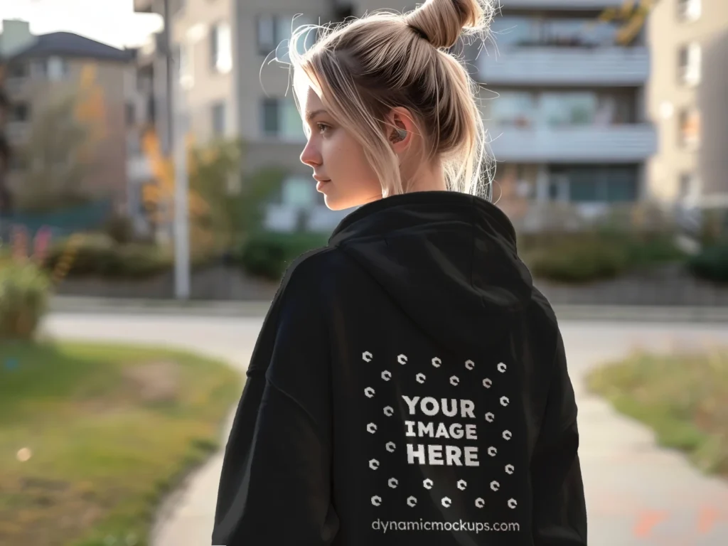 Woman Wearing Black Hoodie Mockup Back View Template