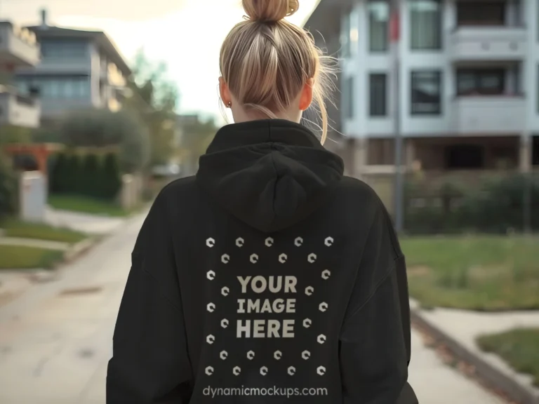 Woman Wearing Black Hoodie Mockup Back View Template