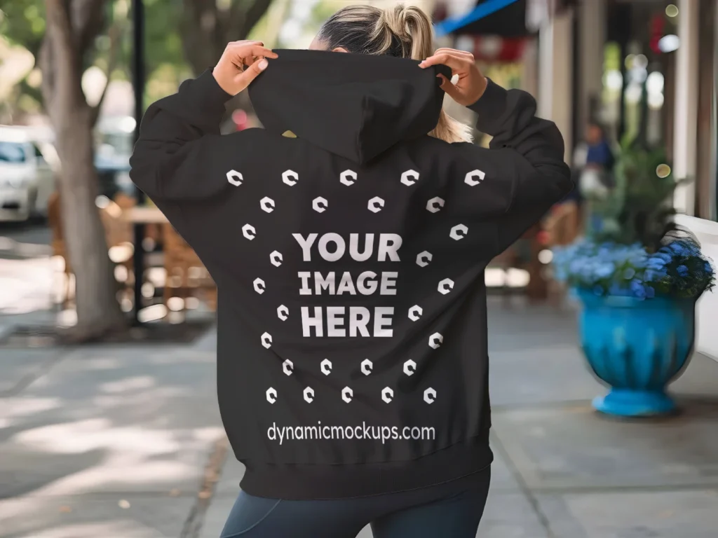 Woman Wearing Black Hoodie Mockup Back View Template