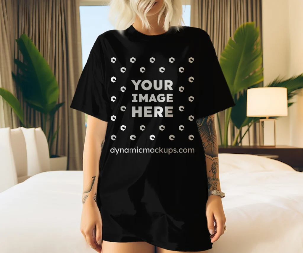 Woman Wearing Black T-shirt Mockup Front View Template