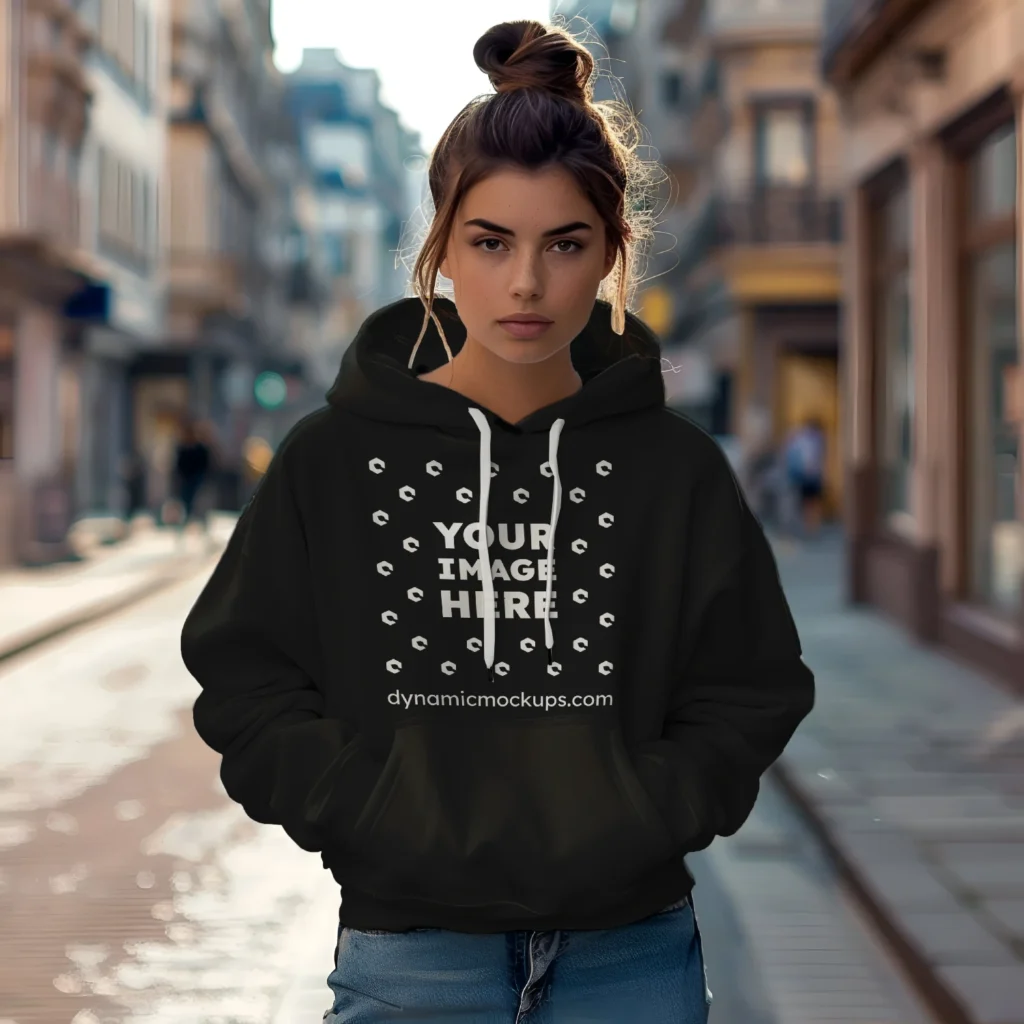 Woman Wearing Black Hoodie Mockup Front View Template