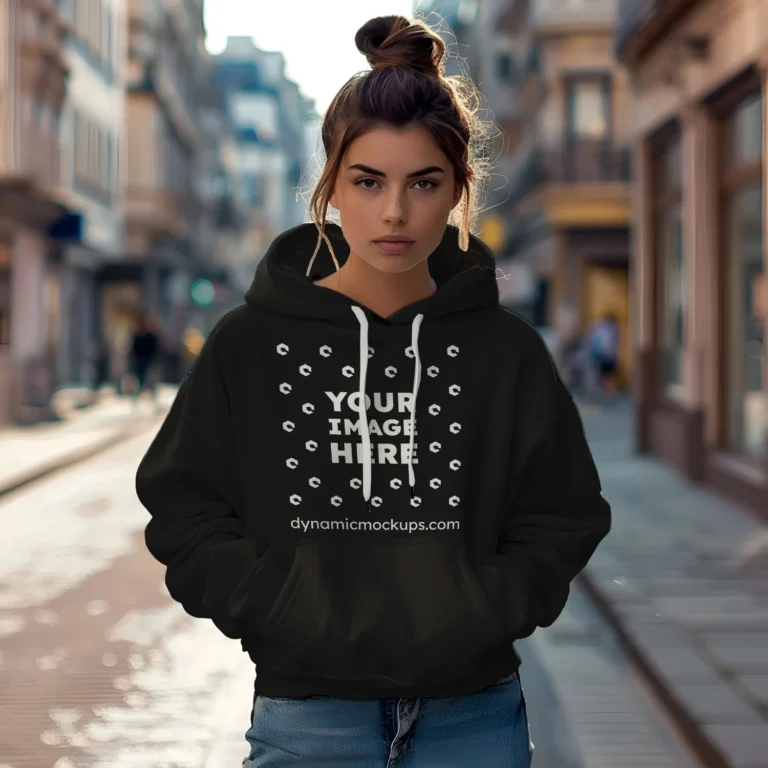 Woman Wearing Black Hoodie Mockup Front View Template