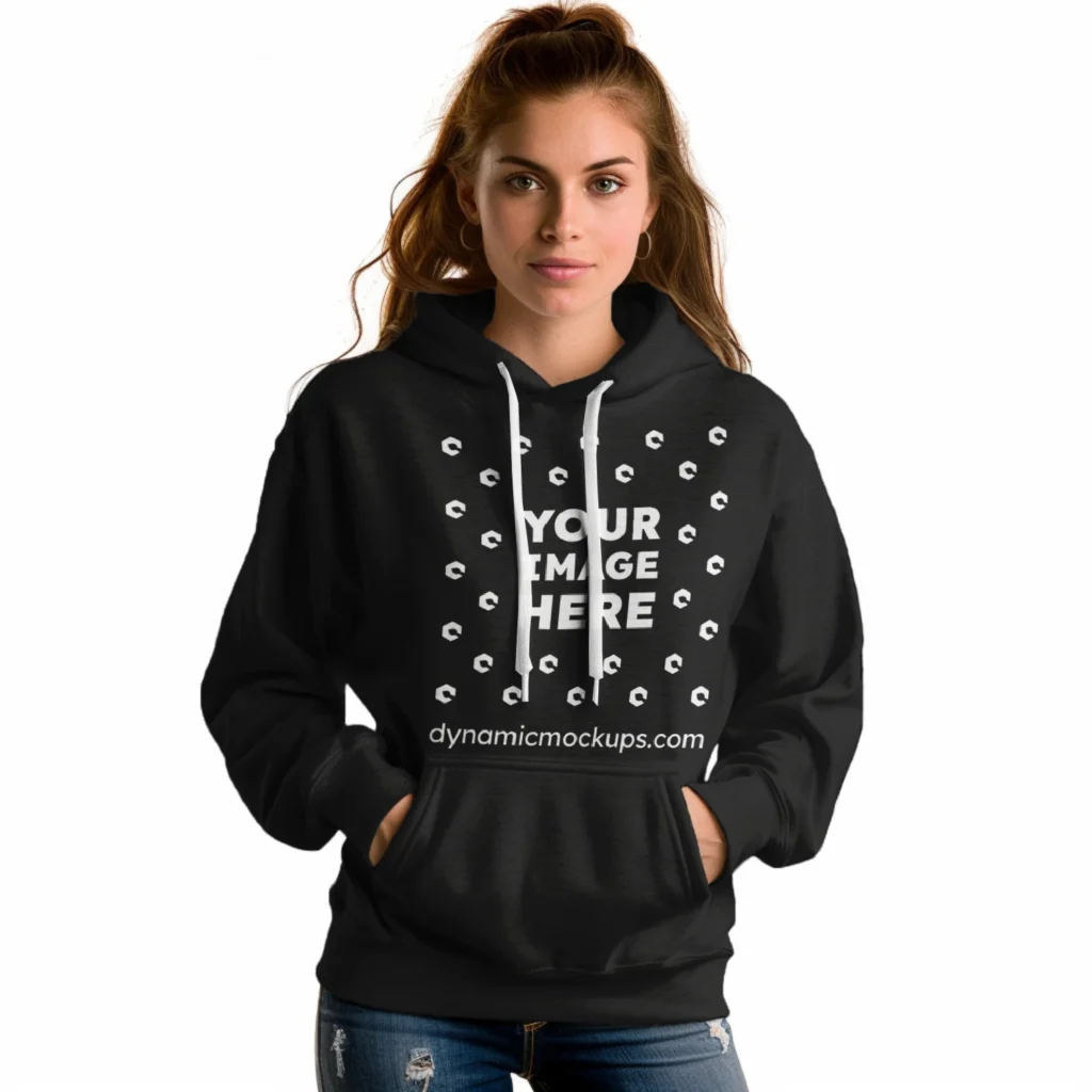 Woman Wearing Black Hoodie Mockup Front View Template