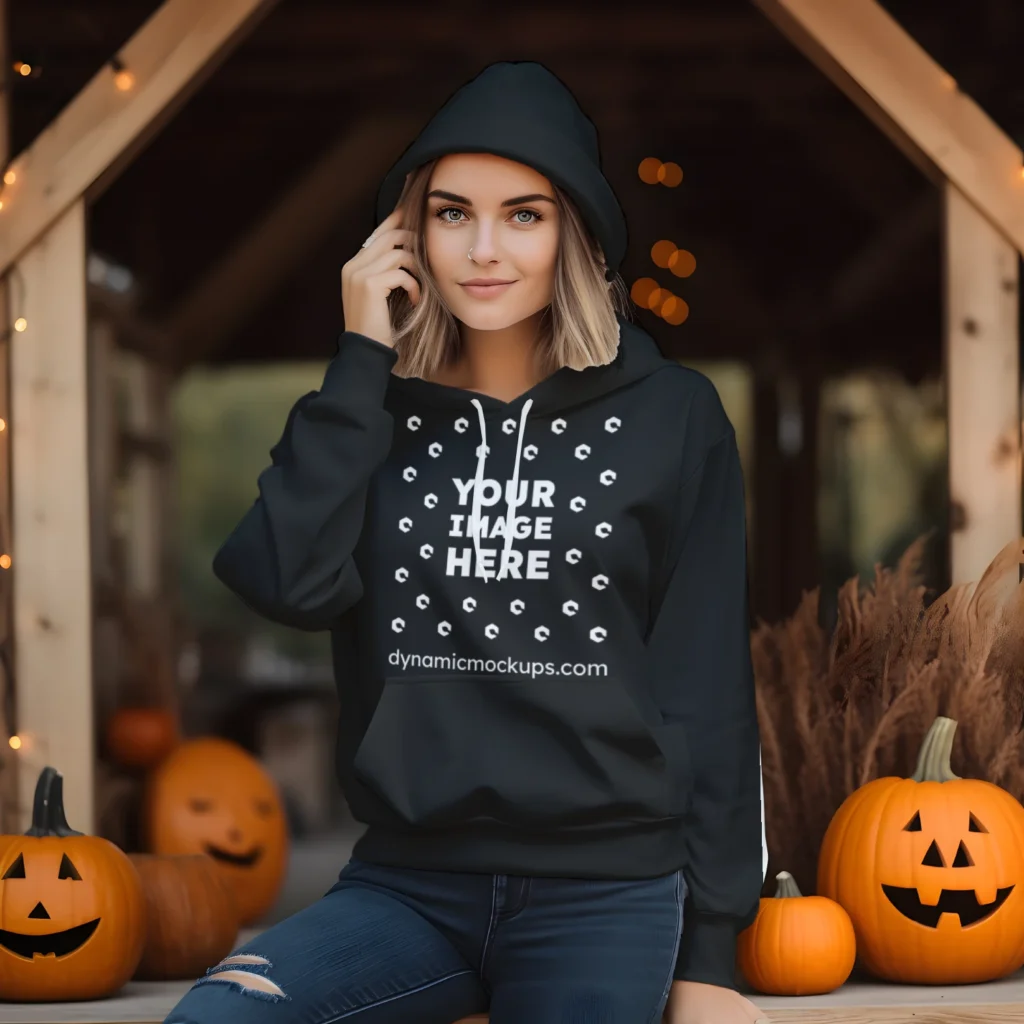 Woman Wearing Black Hoodie Mockup Front View Template