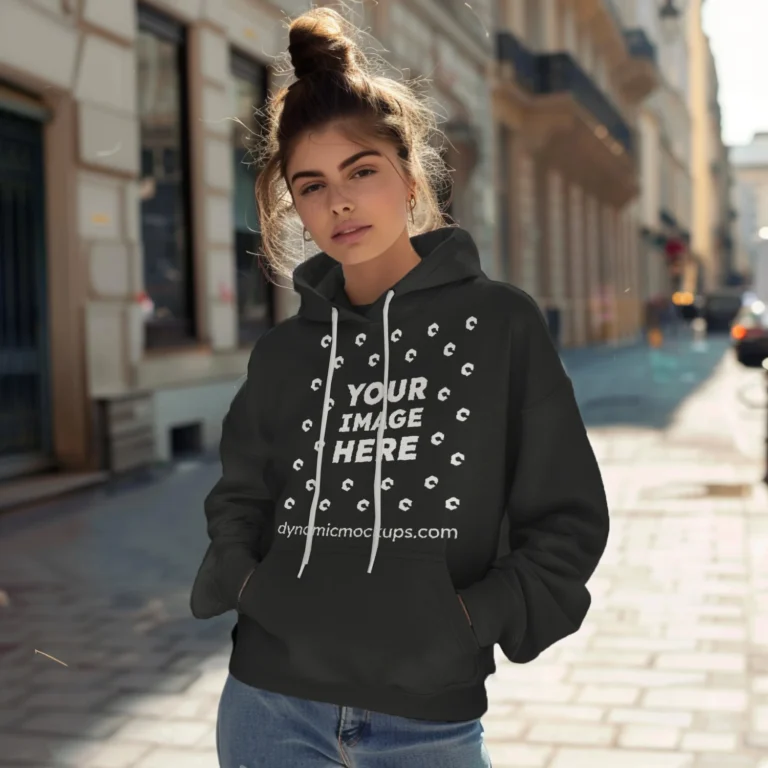 Woman Wearing Black Hoodie Mockup Front View Template