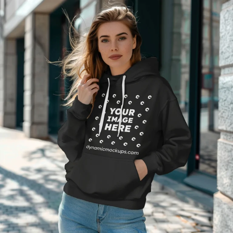 Woman Wearing Black Hoodie Mockup Front View Template