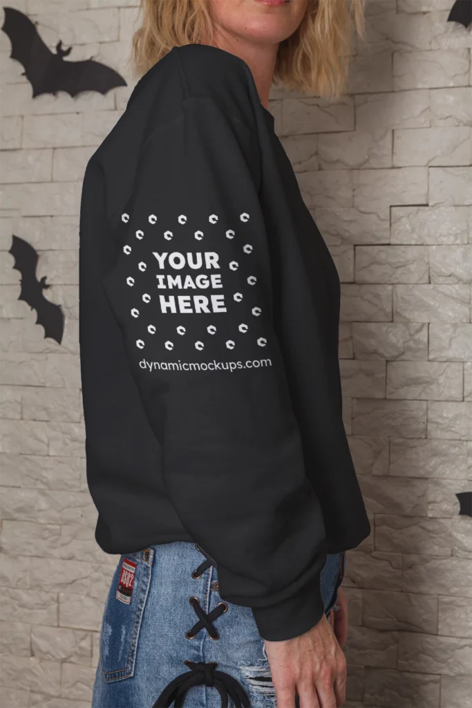 Woman Wearing Black Hoodie Mockup Side View Template