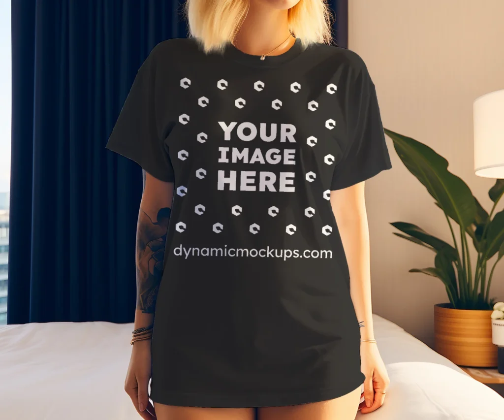 Woman Wearing Black T-shirt Mockup Front View Template