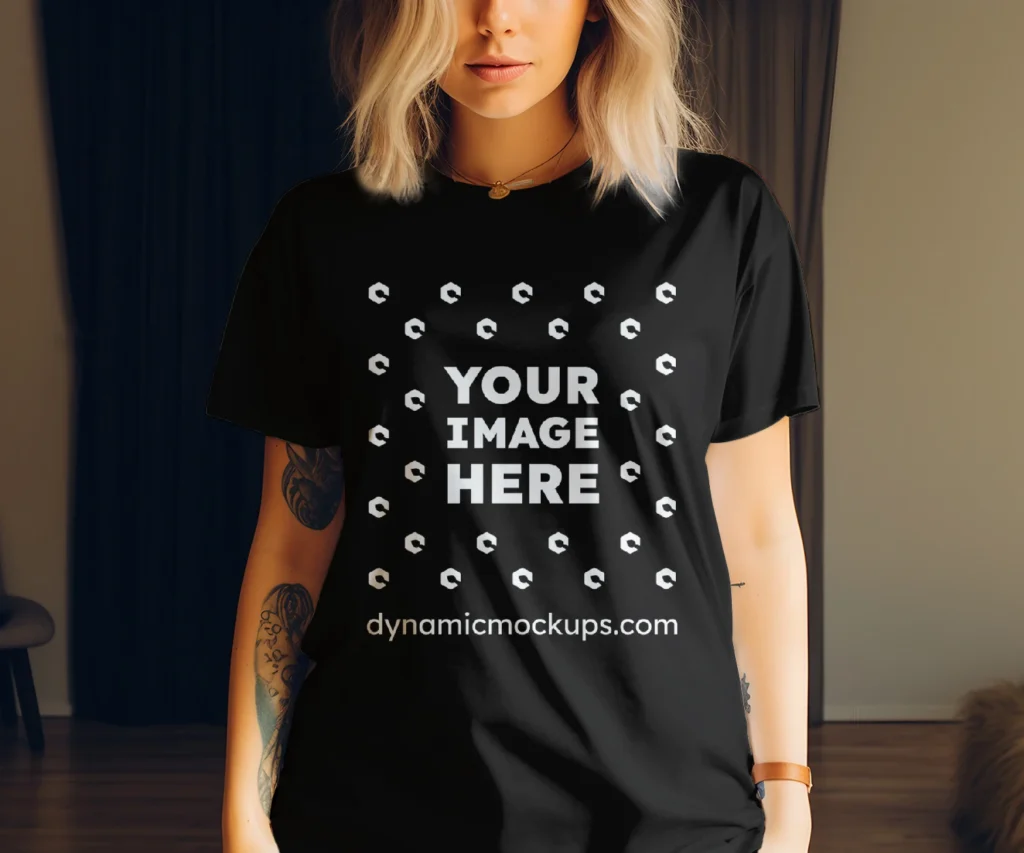 Woman Wearing Black T-shirt Mockup Front View Template