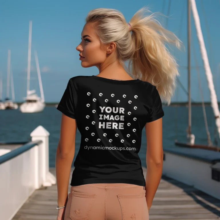 Woman Wearing Black T-shirt Mockup Back View Template