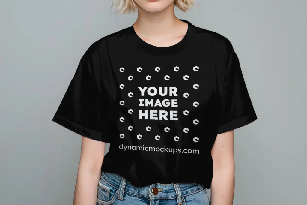 Woman Wearing Black T-shirt Mockup Front View Template