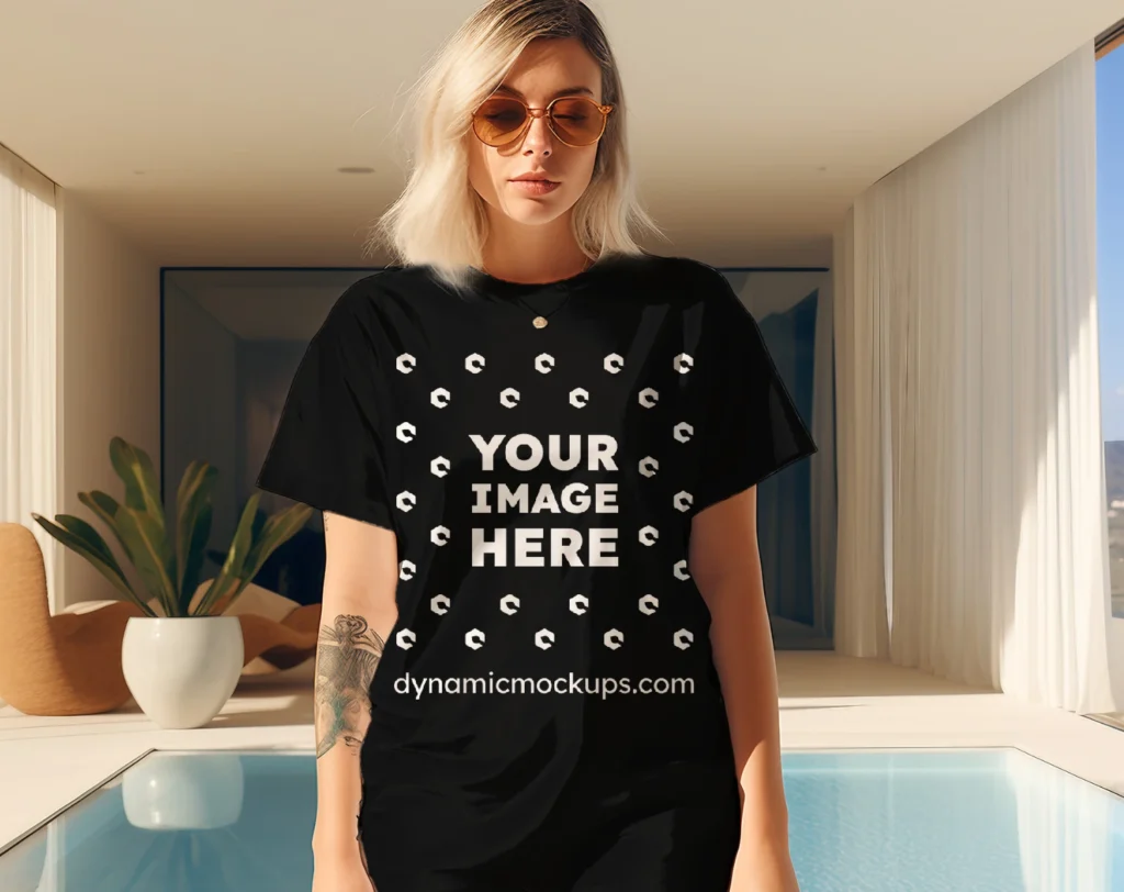 Woman Wearing Black T-shirt Mockup Front View Template