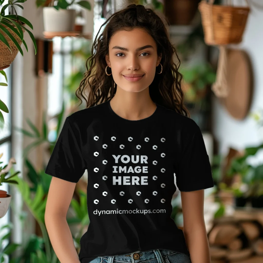 Woman Wearing Black T-shirt Mockup Front View Template