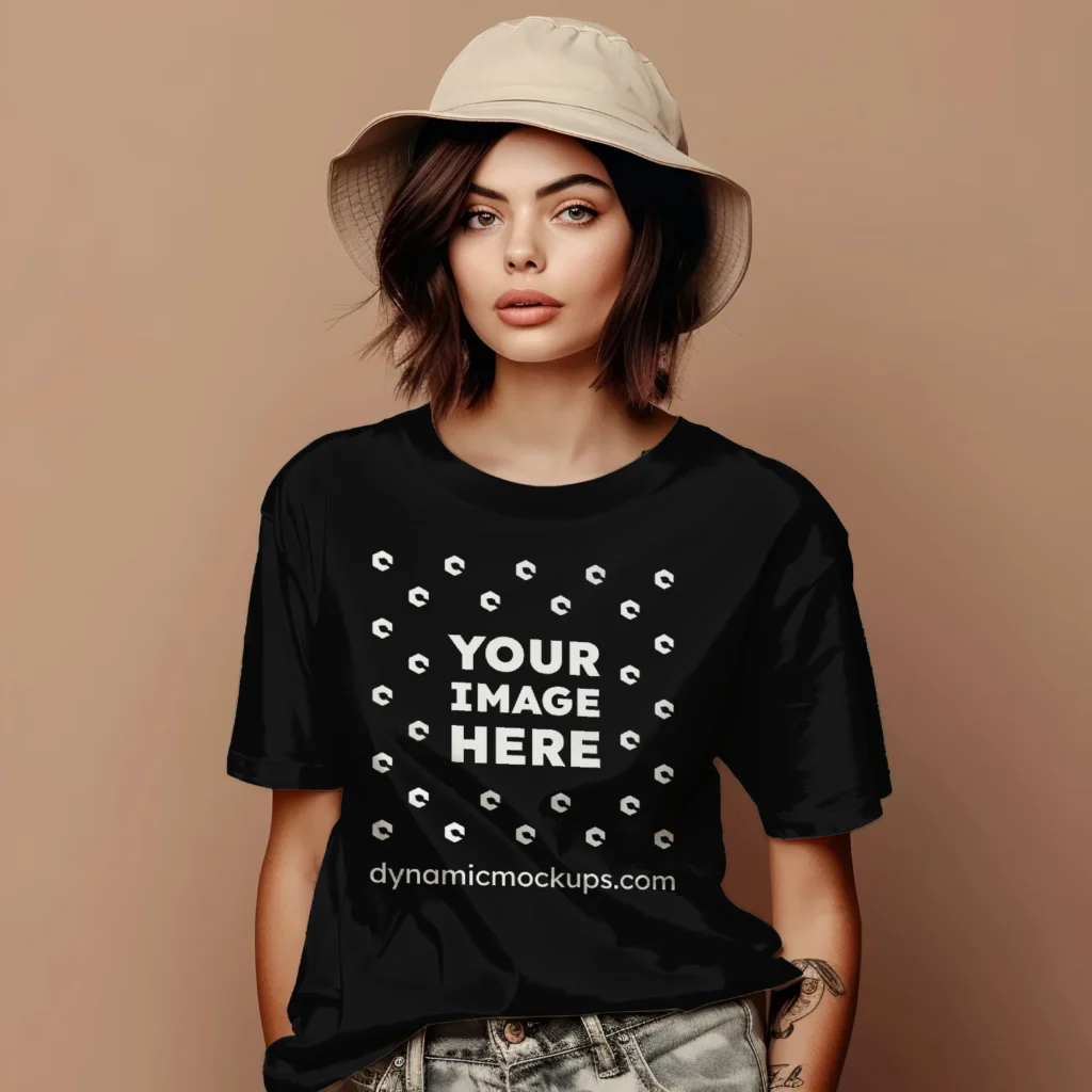 Woman Wearing Black T-shirt Mockup Front View Template