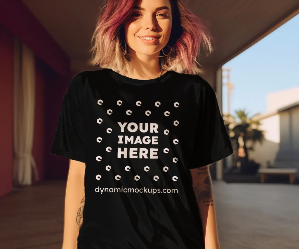 Woman Wearing Black T-shirt Mockup Front View Template