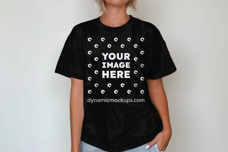 Woman Wearing Black T-shirt Mockup Front View Template