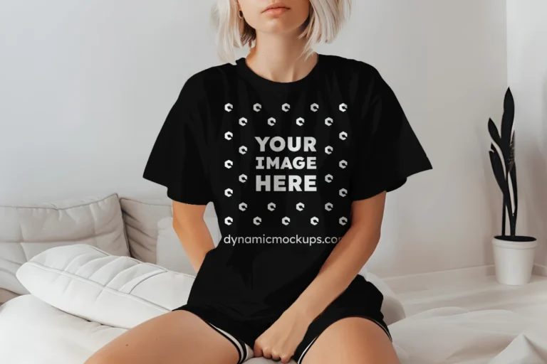 Woman Wearing Black T-shirt Mockup Front View Template