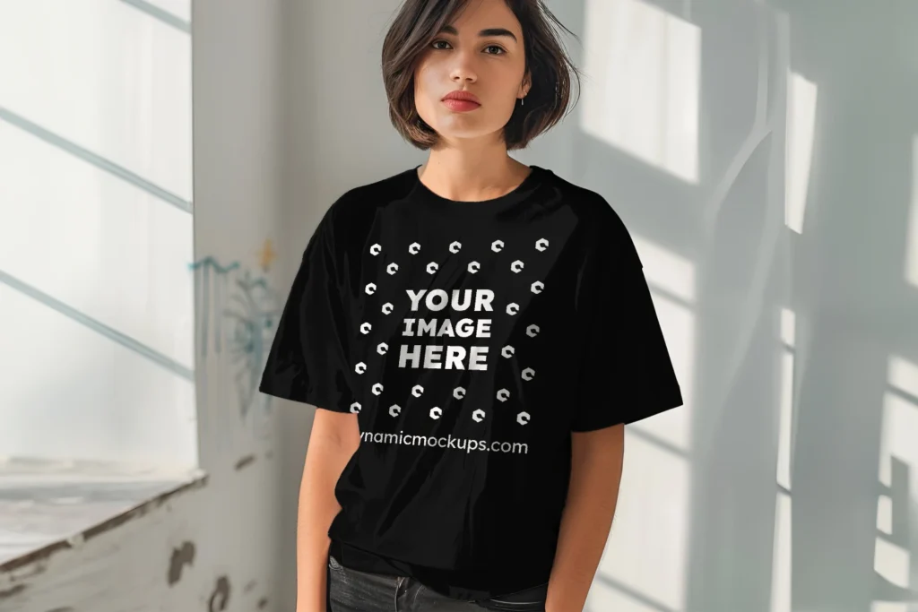 Woman Wearing Black T-shirt Mockup Front View Template