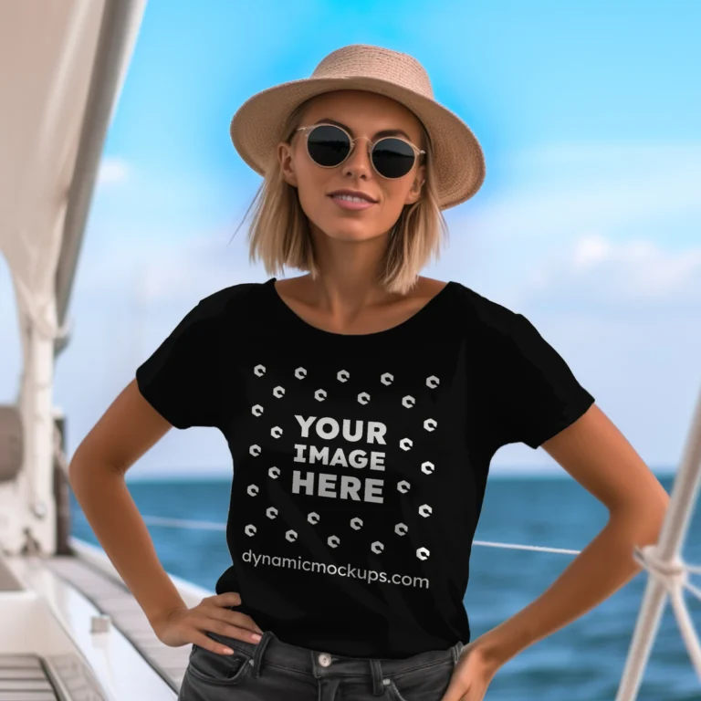 Woman Wearing Black T-shirt Mockup Front View Template