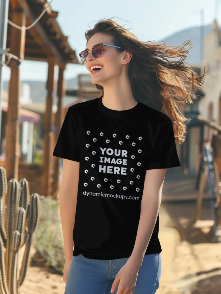 Woman Wearing Black T-shirt Mockup Front View Template