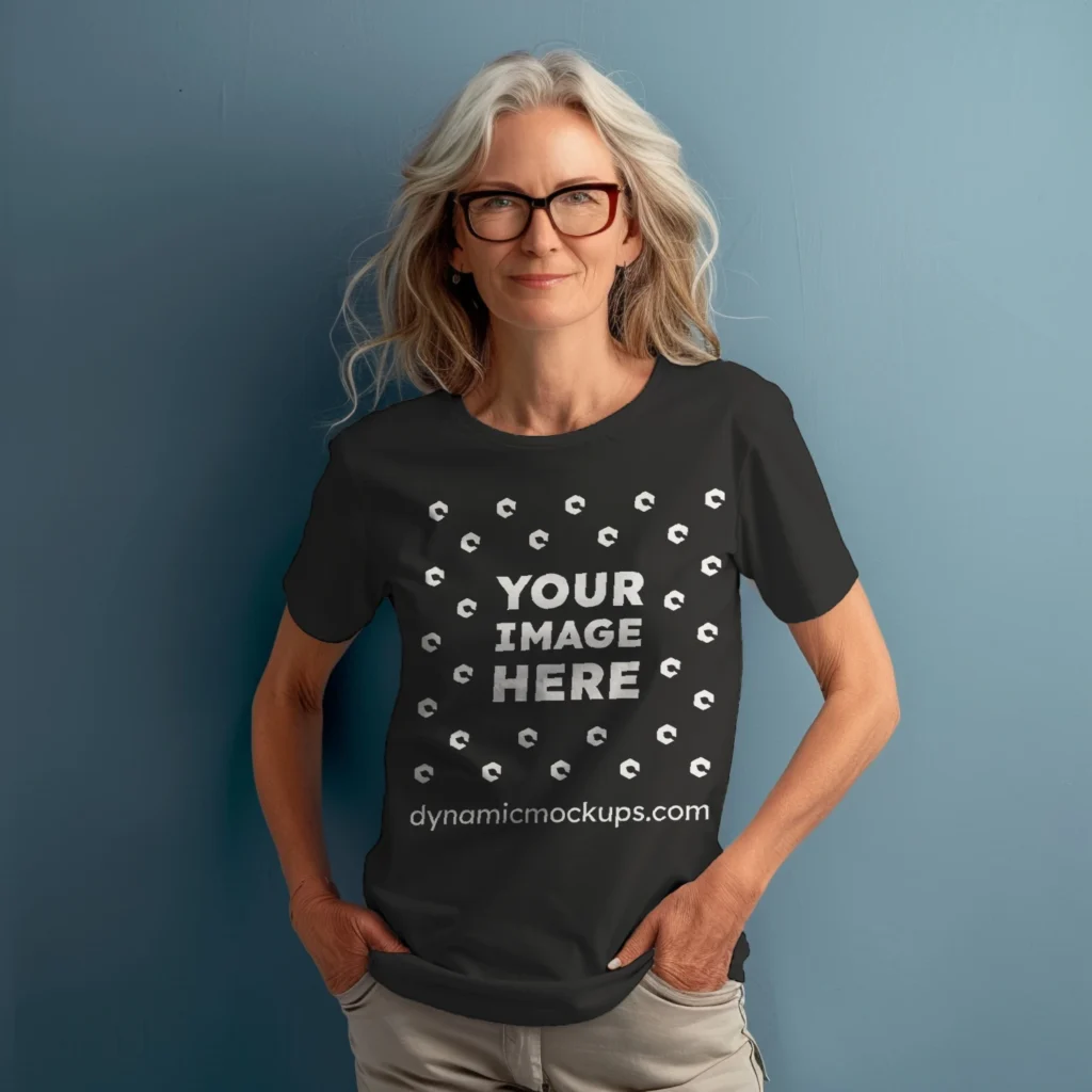 Woman Wearing Black T-shirt Mockup Front View Template