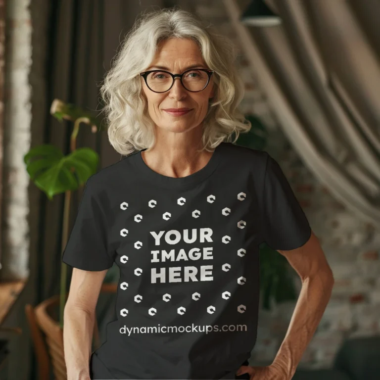 Woman Wearing Black T-shirt Mockup Front View Template