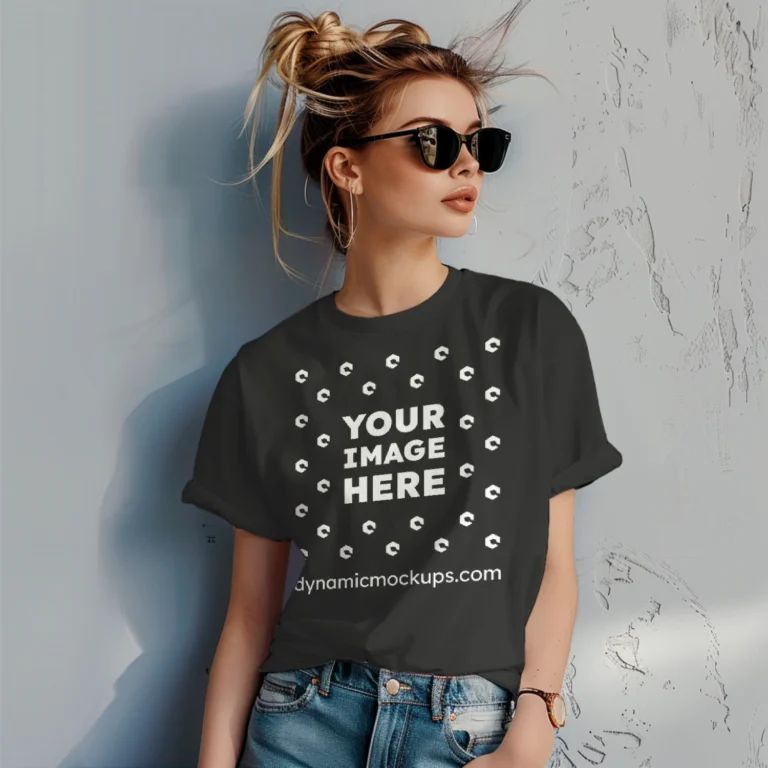 Woman Wearing Black T-shirt Mockup Front View Template