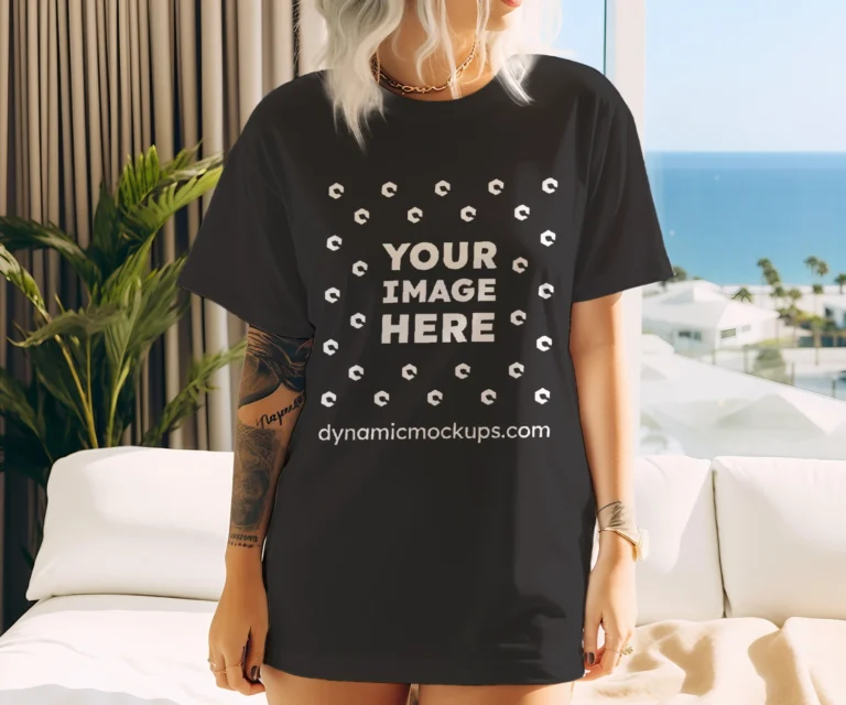 Woman Wearing Black T-shirt Mockup Front View Template