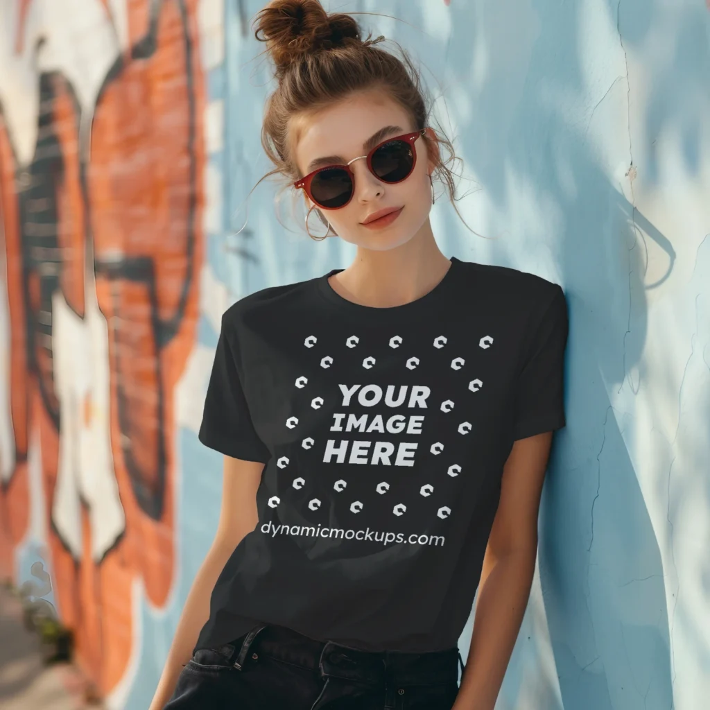 Woman Wearing Black T-shirt Mockup Front View Template