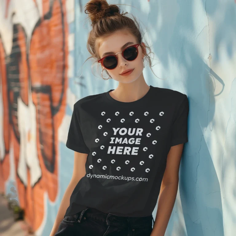 Woman Wearing Black T-shirt Mockup Front View Template