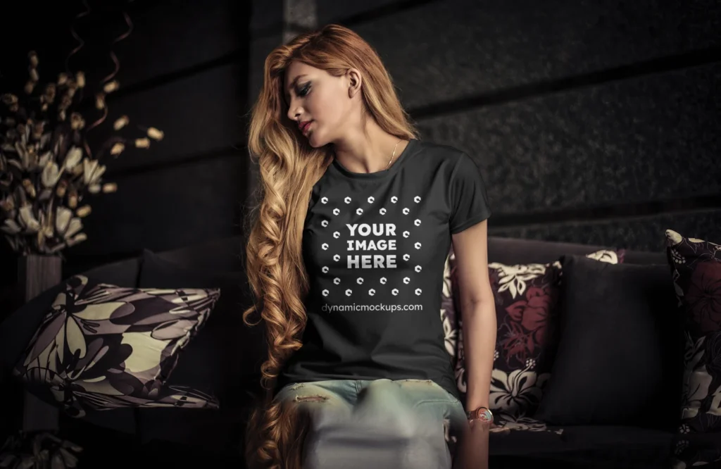 Woman Wearing Black T-shirt Mockup Front View Template