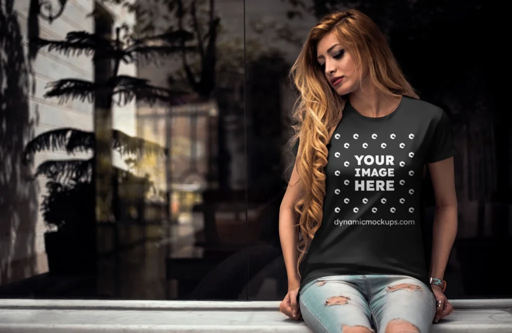 Woman Wearing Black T-shirt Mockup Front View Template