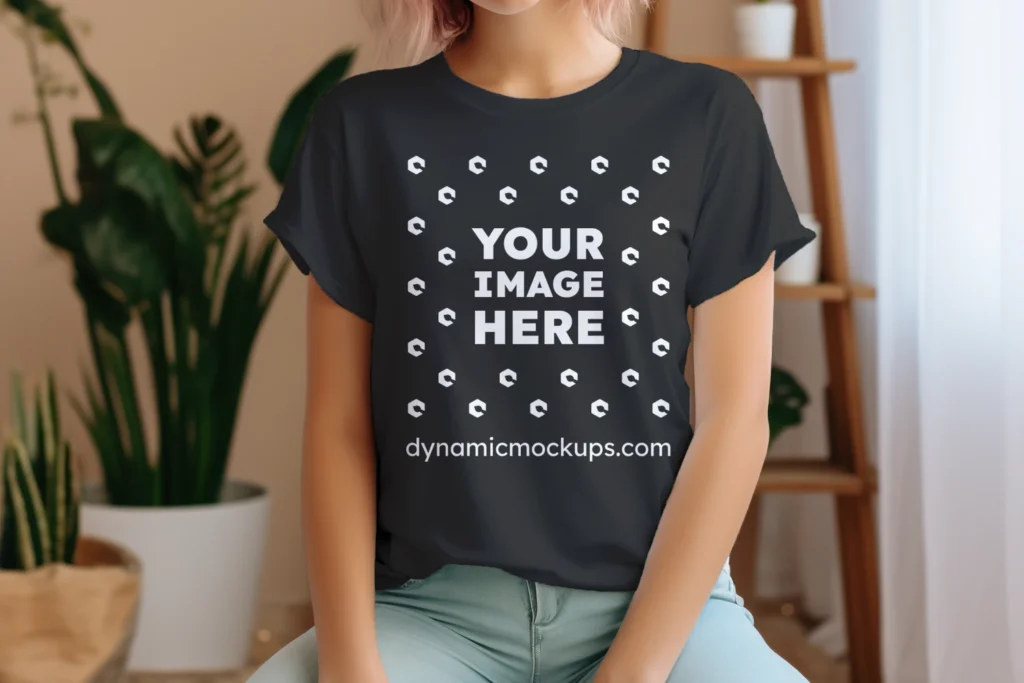 Woman Wearing Black T-shirt Mockup Front View Template