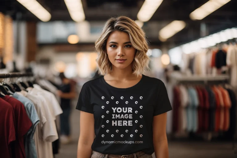 Woman Wearing Black T-shirt Mockup Front View Template