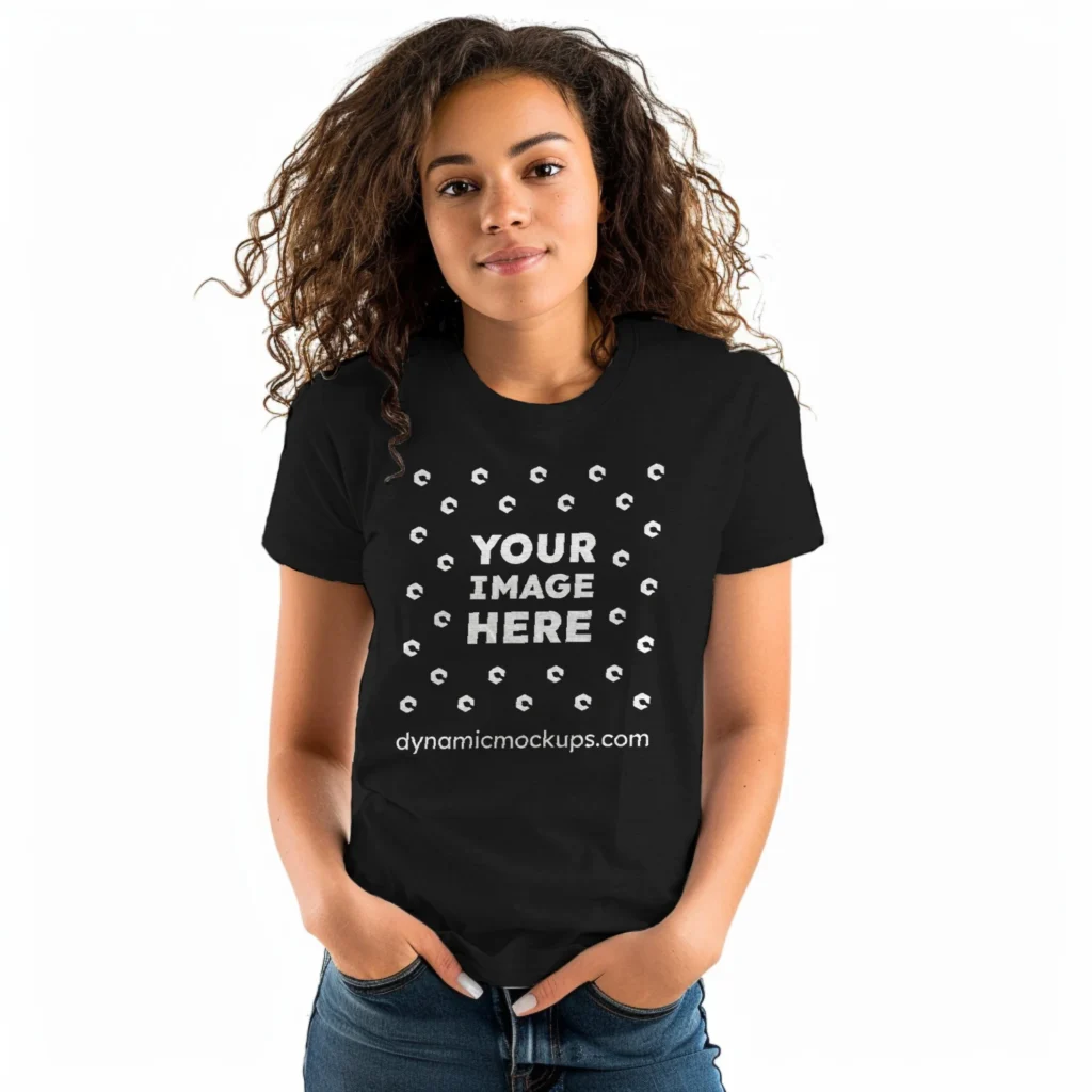 Woman Wearing Black T-shirt Mockup Front View Template