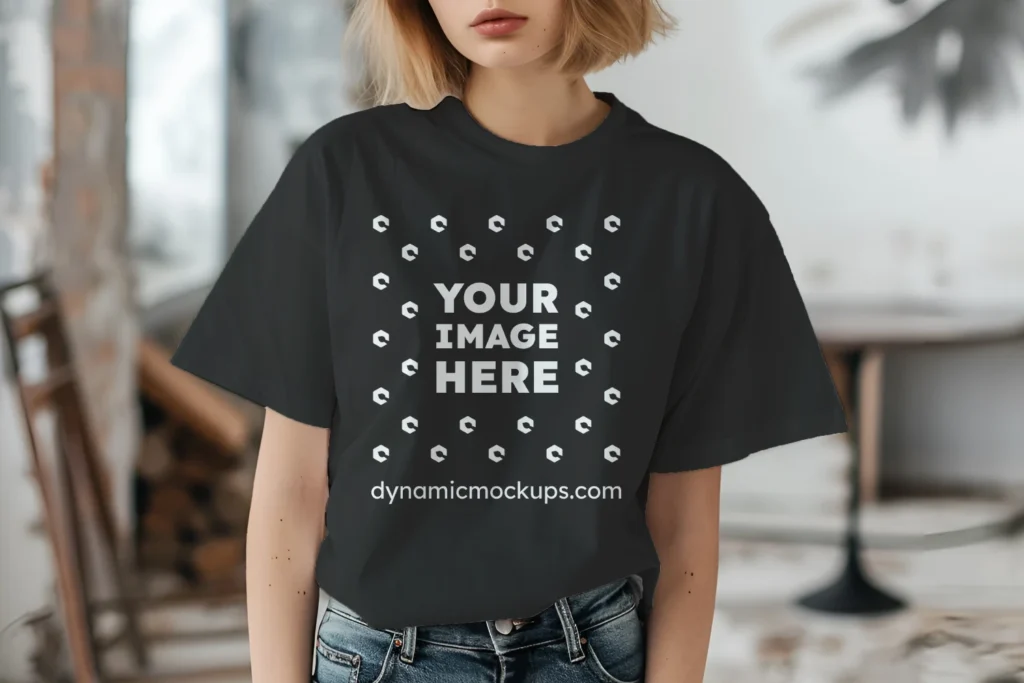 Woman Wearing Black T-shirt Mockup Front View Template